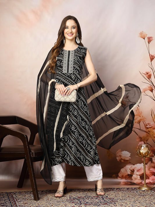 Stylum Women's Black Bandhani Printed & Embroidered Rayon A-Line Kurta Dupatta Set (KDBLACKBANGO)