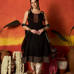 Stylum Women's Black Solid & Embroidered Rayon A-Line Kurta With Dupatta (KDBLACKLAUREN)