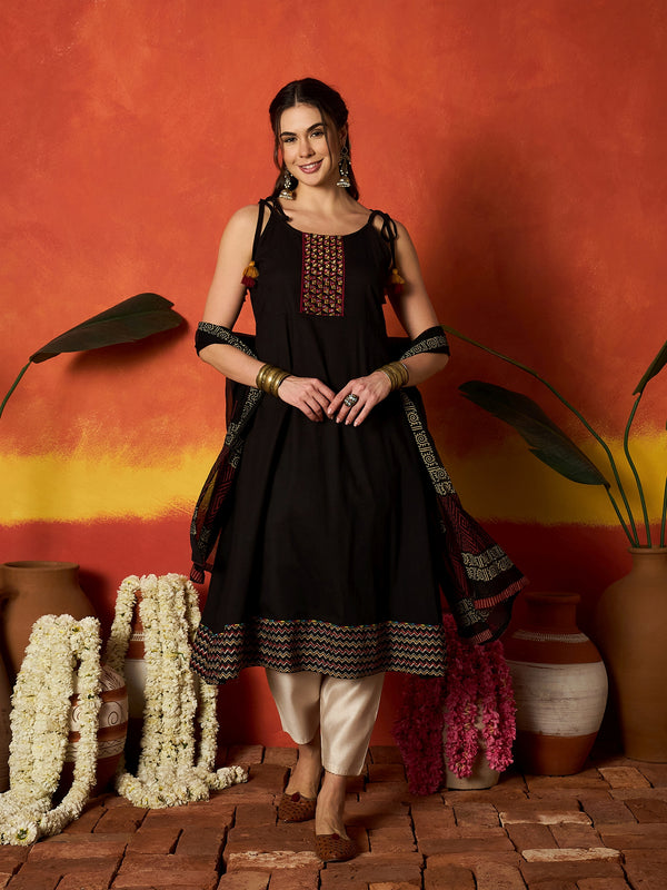 Stylum Women's Black Solid & Embroidered Rayon A-Line Kurta With Dupatta (KDBLACKLAUREN)