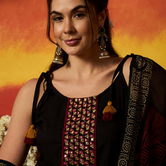 Stylum Women's Black Solid & Embroidered Rayon A-Line Kurta With Dupatta (KDBLACKLAUREN)