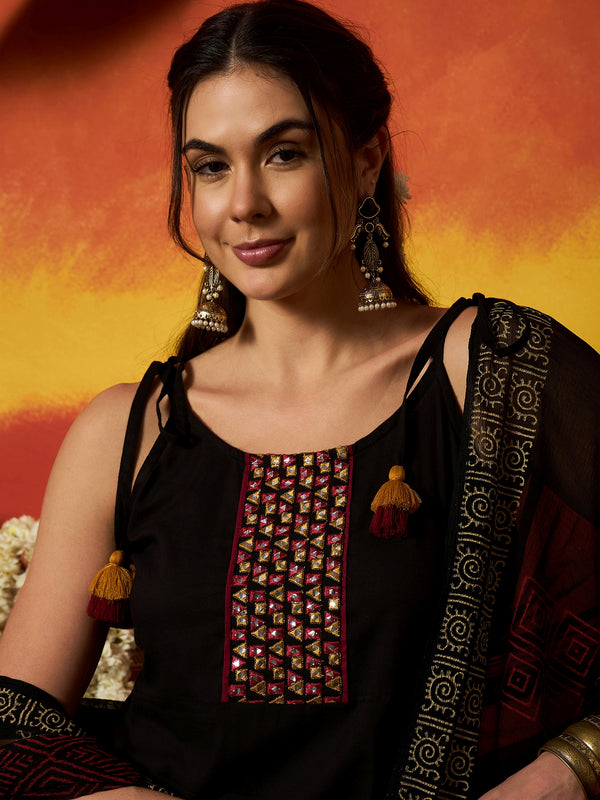 Stylum Women's Black Solid & Embroidered Rayon A-Line Kurta With Dupatta (KDBLACKLAUREN)