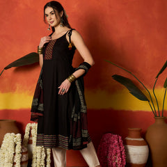 Stylum Women's Black Solid & Embroidered Rayon A-Line Kurta With Dupatta (KDBLACKLAUREN)