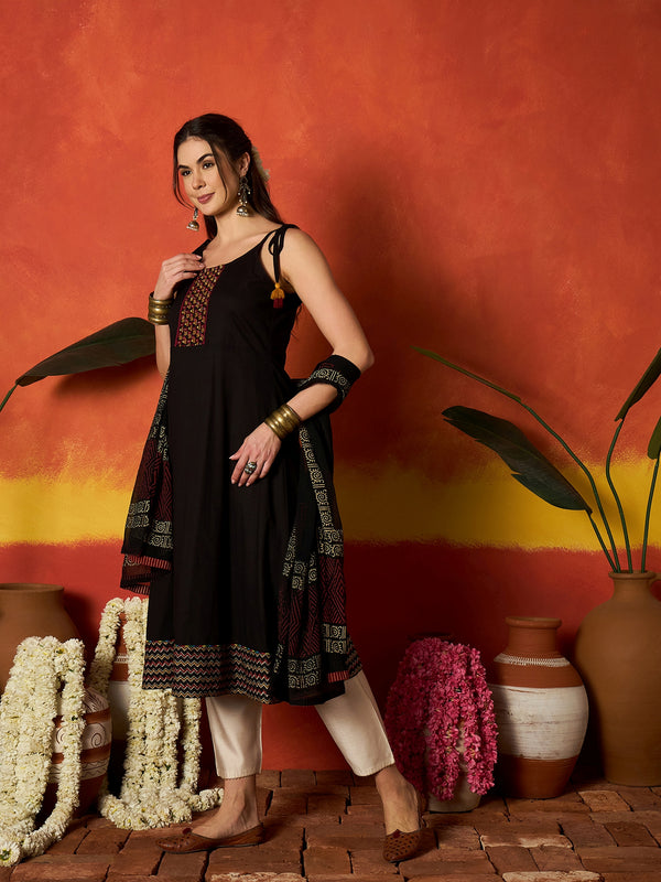 Stylum Women's Black Solid & Embroidered Rayon A-Line Kurta With Dupatta (KDBLACKLAUREN)