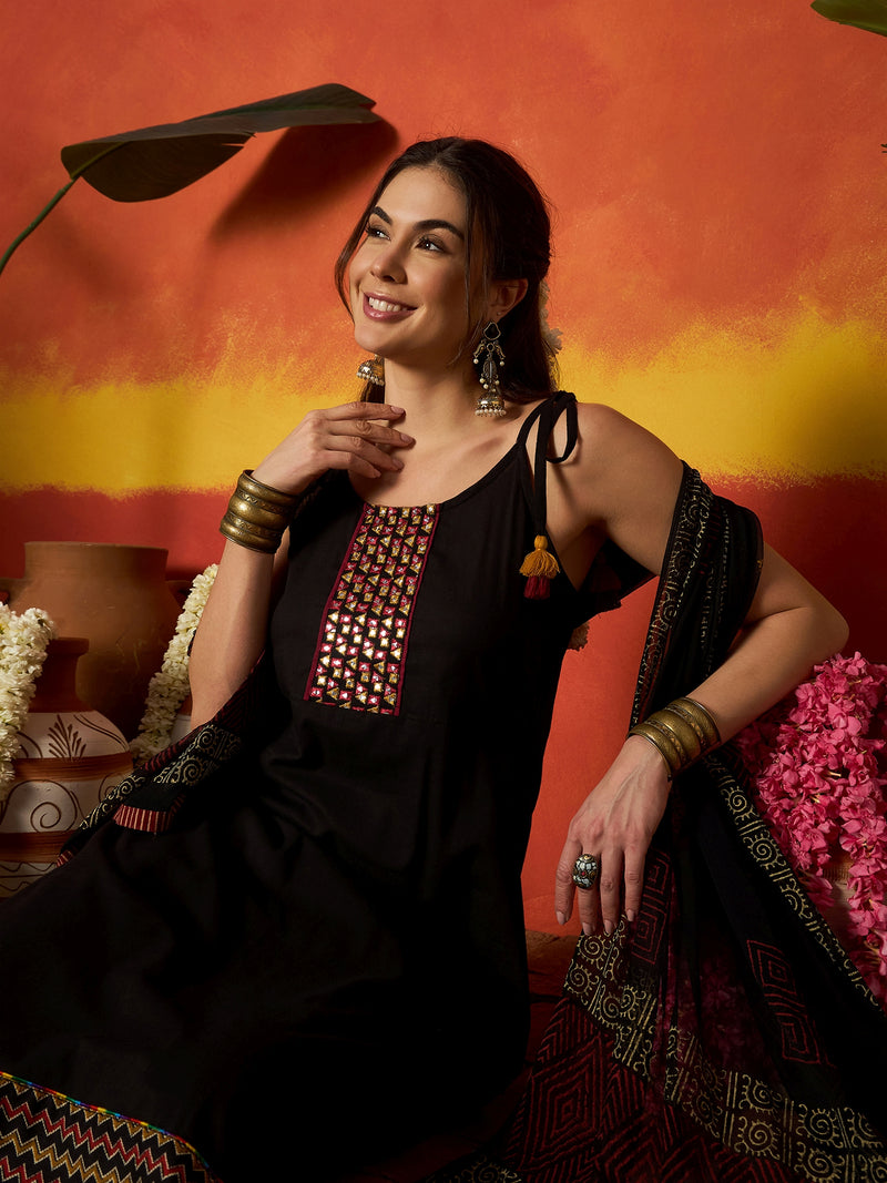 Stylum Women's Black Solid & Embroidered Rayon A-Line Kurta With Dupatta (KDBLACKLAUREN)