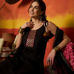 Stylum Women's Black Solid & Embroidered Rayon A-Line Kurta With Dupatta (KDBLACKLAUREN)