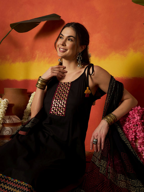 Stylum Women's Black Solid & Embroidered Rayon A-Line Kurta With Dupatta (KDBLACKLAUREN)