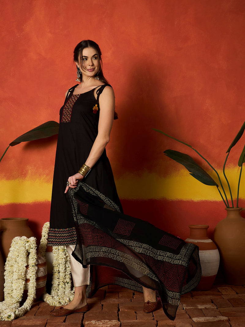 Stylum Women's Black Solid & Embroidered Rayon A-Line Kurta With Dupatta (KDBLACKLAUREN)