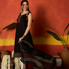 Stylum Women's Black Solid & Embroidered Rayon A-Line Kurta With Dupatta (KDBLACKLAUREN)