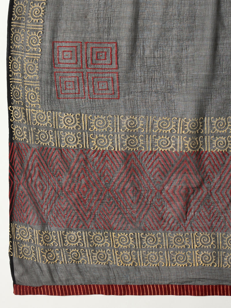 Stylum Women's Black Solid & Embroidered Rayon A-Line Kurta With Dupatta (KDBLACKLAUREN)