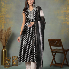 Stylum Women's Black Printed & Embroidered Rayon A-Line Kurta Dupatta Set (KDBLACKMOKO)