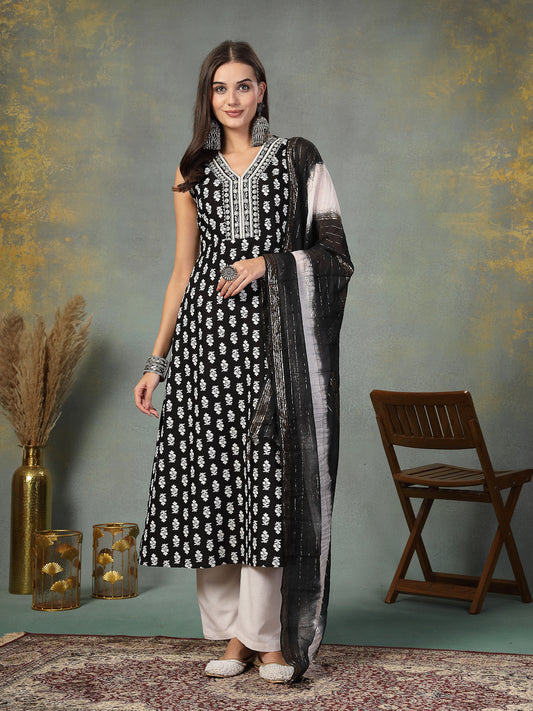 Stylum Women's Black Printed & Embroidered Rayon A-Line Kurta Dupatta Set (KDBLACKMOKO)