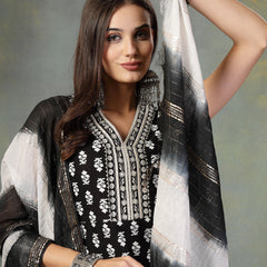 Stylum Women's Black Printed & Embroidered Rayon A-Line Kurta Dupatta Set (KDBLACKMOKO)