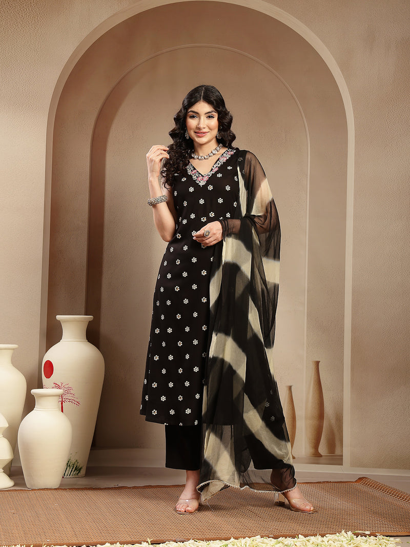 Stylum Women's Black Floral Printed & Embroidered Rayon A-Line Kurta With Dupatta (KDBLACKRASNA)