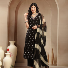 Stylum Women's Black Floral Printed & Embroidered Rayon A-Line Kurta With Dupatta (KDBLACKRASNA)