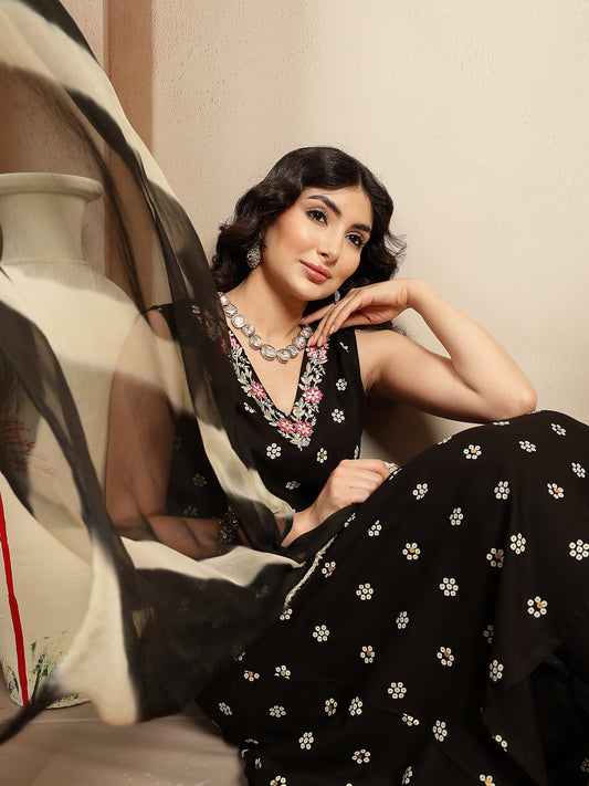 Stylum Women's Black Floral Printed & Embroidered Rayon A-Line Kurta With Dupatta (KDBLACKRASNA)