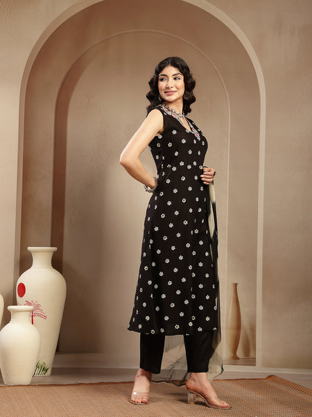 Stylum Women's Black Floral Printed & Embroidered Rayon A-Line Kurta With Dupatta (KDBLACKRASNA)