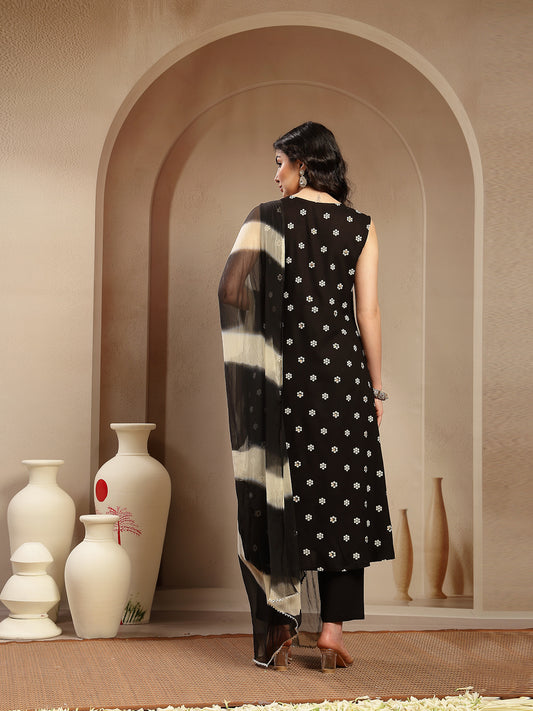 Stylum Women's Black Floral Printed & Embroidered Rayon A-Line Kurta With Dupatta (KDBLACKRASNA)