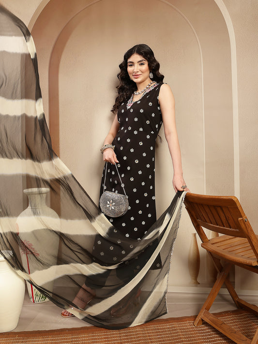 Stylum Women's Black Floral Printed & Embroidered Rayon A-Line Kurta With Dupatta (KDBLACKRASNA)