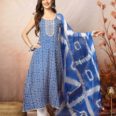 Stylum Women's Blue Bandhani Printed & Embroidered Rayon A-Line Kurta Dupatta Set (KDBLUEBACARDI)