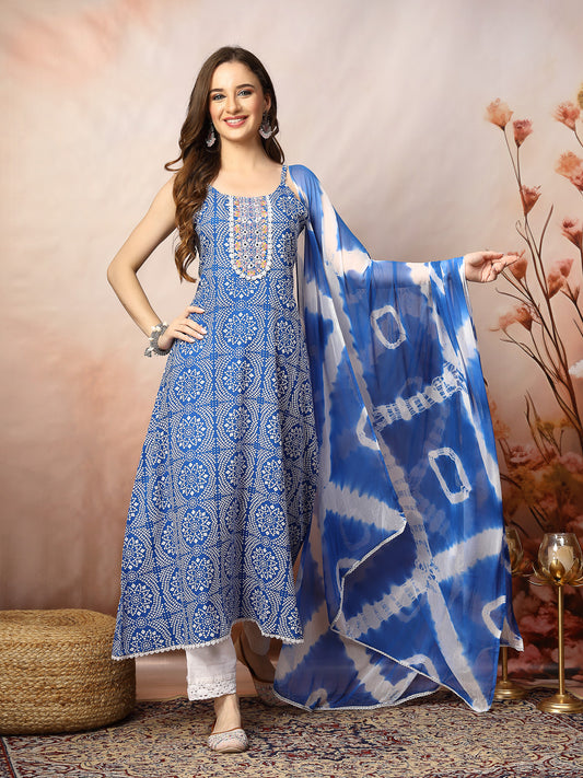 Stylum Women's Blue Bandhani Printed & Embroidered Rayon A-Line Kurta Dupatta Set (KDBLUEBACARDI)