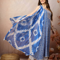 Stylum Women's Blue Bandhani Printed & Embroidered Rayon A-Line Kurta Dupatta Set (KDBLUEBACARDI)