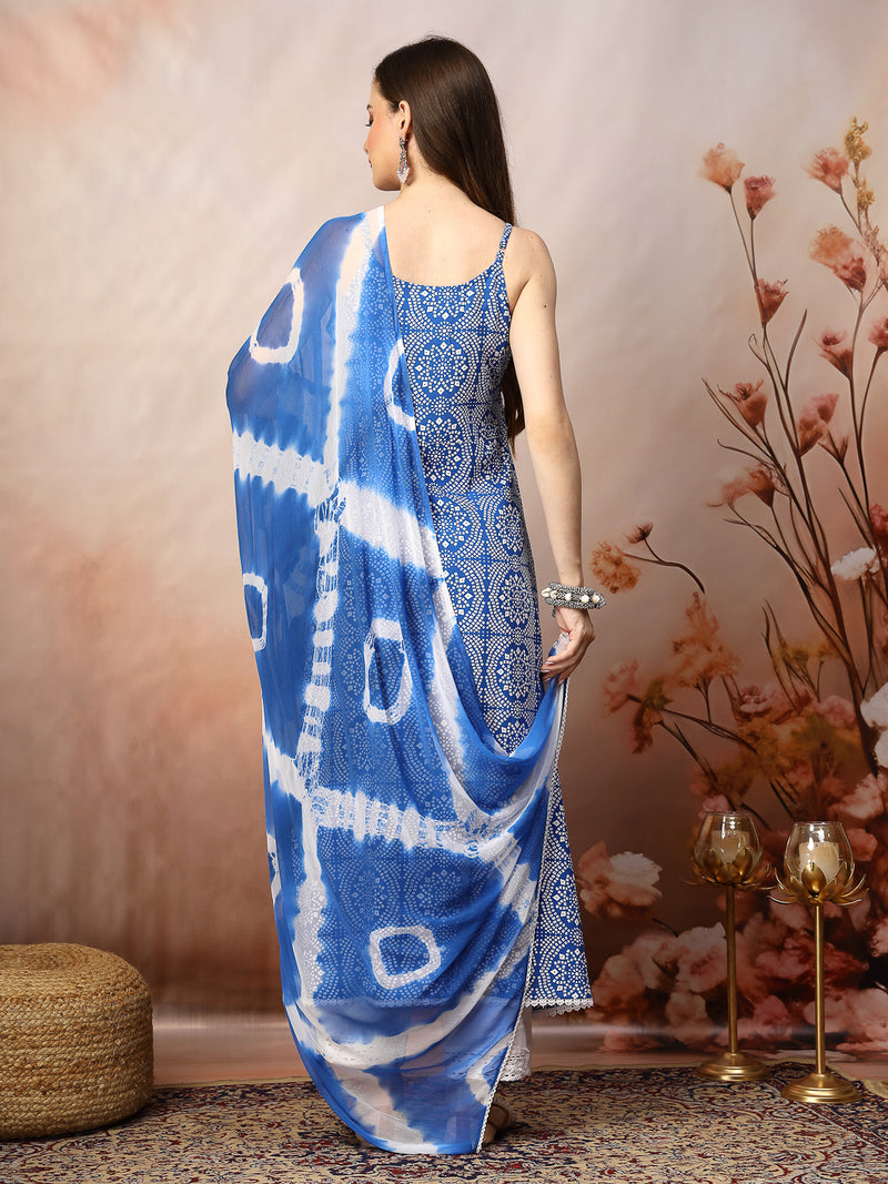 Stylum Women's Blue Bandhani Printed & Embroidered Rayon A-Line Kurta Dupatta Set (KDBLUEBACARDI)