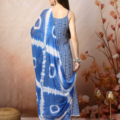 Stylum Women's Blue Bandhani Printed & Embroidered Rayon A-Line Kurta Dupatta Set (KDBLUEBACARDI)