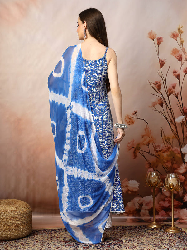 Stylum Women's Blue Bandhani Printed & Embroidered Rayon A-Line Kurta Dupatta Set (KDBLUEBACARDI)