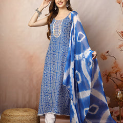 Stylum Women's Blue Bandhani Printed & Embroidered Rayon A-Line Kurta Dupatta Set (KDBLUEBACARDI)