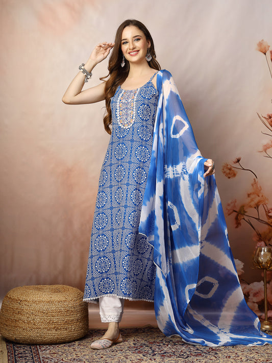 Stylum Women's Blue Bandhani Printed & Embroidered Rayon A-Line Kurta Dupatta Set (KDBLUEBACARDI)