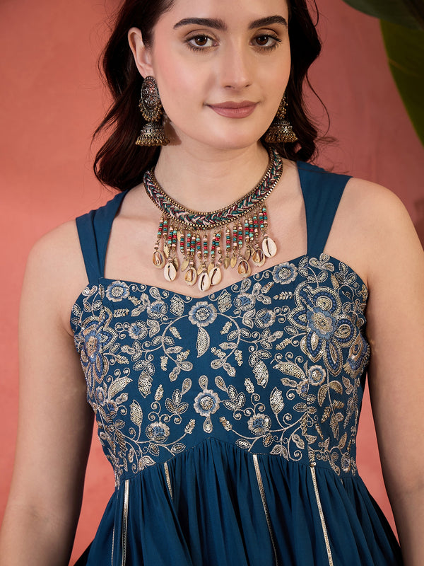 Stylum Women's Blue Solid & Embroidered Rayon A-Line Kurti with Dhoti Pant (KDBLUEROM)