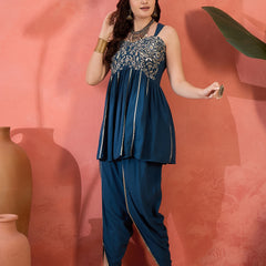 Stylum Women's Blue Solid & Embroidered Rayon A-Line Kurti with Dhoti Pant (KDBLUEROM)