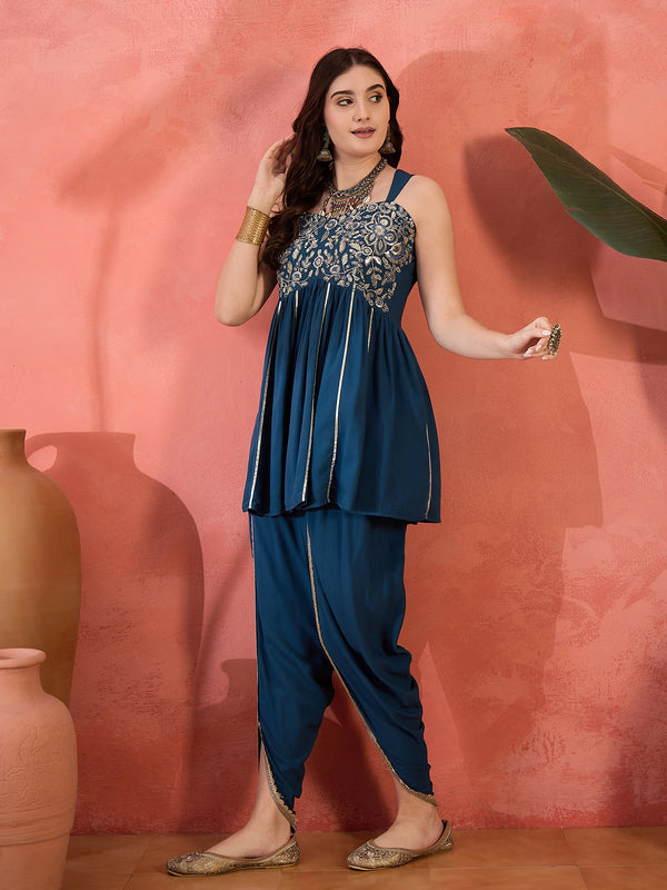 Stylum Women's Blue Solid & Embroidered Rayon A-Line Kurti with Dhoti Pant (KDBLUEROM)