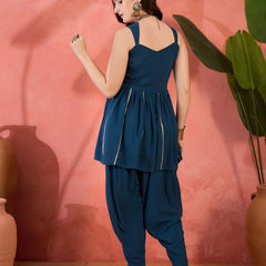 Stylum Women's Blue Solid & Embroidered Rayon A-Line Kurti with Dhoti Pant (KDBLUEROM)