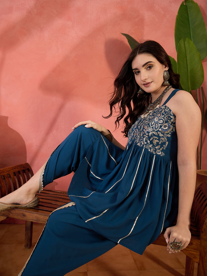 Stylum Women's Blue Solid & Embroidered Rayon A-Line Kurti with Dhoti Pant (KDBLUEROM)