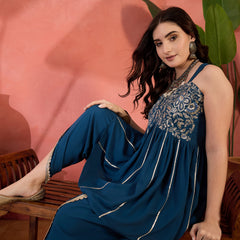 Stylum Women's Blue Solid & Embroidered Rayon A-Line Kurti with Dhoti Pant (KDBLUEROM)