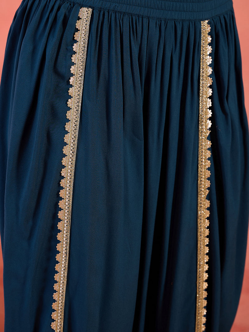 Stylum Women's Blue Solid & Embroidered Rayon A-Line Kurti with Dhoti Pant (KDBLUEROM)