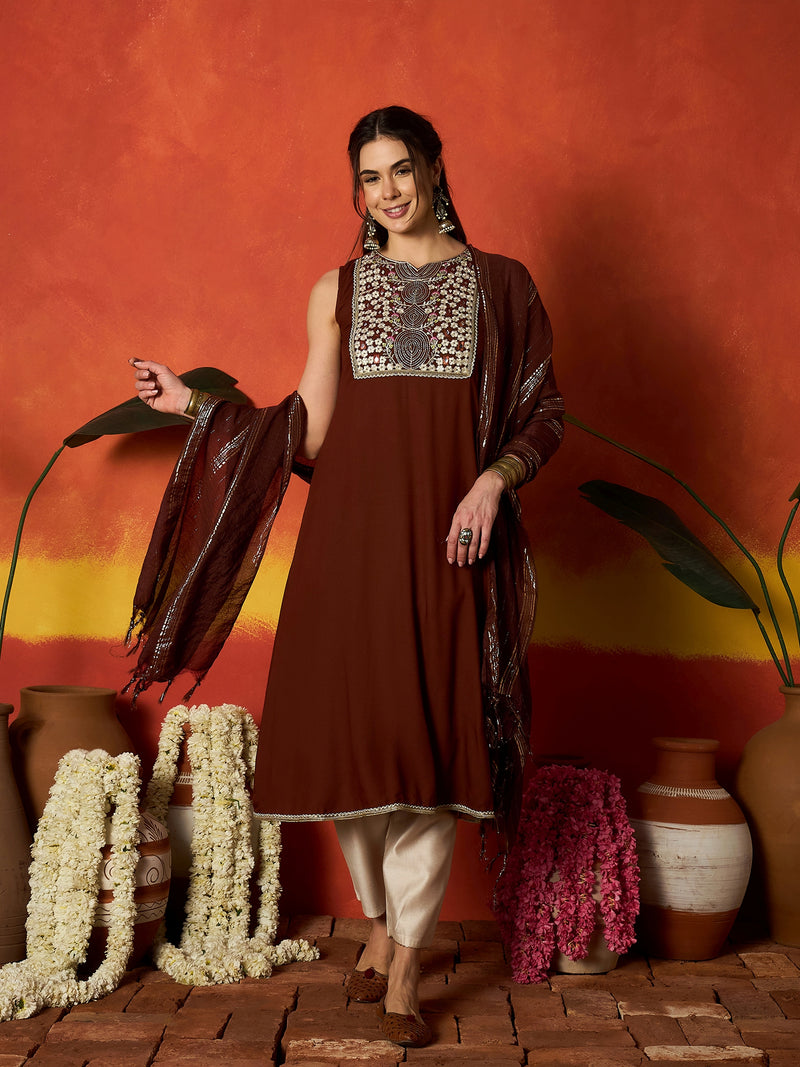 Stylum Women's Brown Solid & Embroidered Rayon A-Line Kurta With Dupatta (KDBROWNCRUST)
