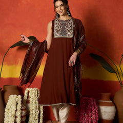 Stylum Women's Brown Solid & Embroidered Rayon A-Line Kurta With Dupatta (KDBROWNCRUST)