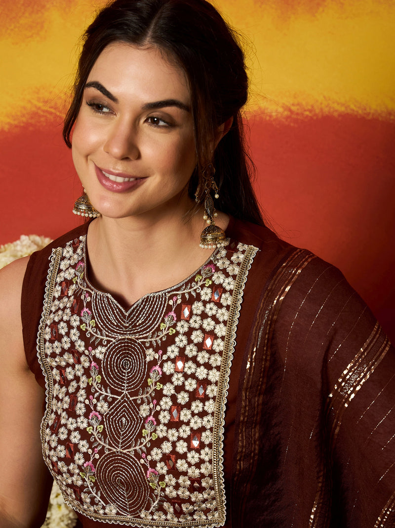 Stylum Women's Brown Solid & Embroidered Rayon A-Line Kurta With Dupatta (KDBROWNCRUST)