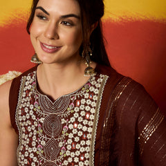 Stylum Women's Brown Solid & Embroidered Rayon A-Line Kurta With Dupatta (KDBROWNCRUST)