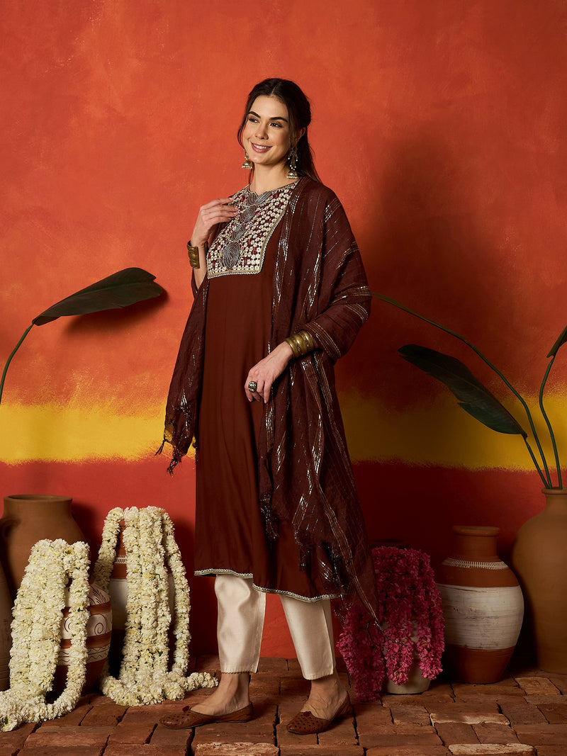 Stylum Women's Brown Solid & Embroidered Rayon A-Line Kurta With Dupatta (KDBROWNCRUST)