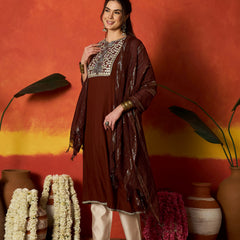 Stylum Women's Brown Solid & Embroidered Rayon A-Line Kurta With Dupatta (KDBROWNCRUST)
