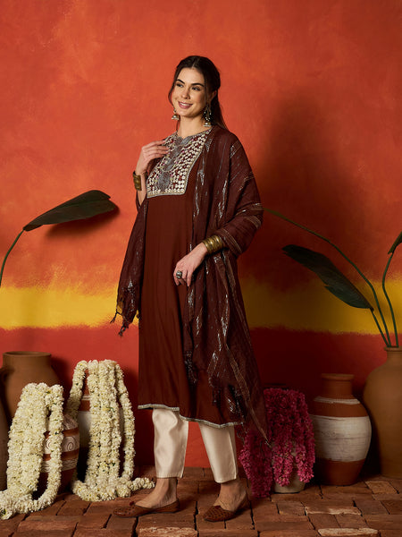 Stylum Women's Brown Solid & Embroidered Rayon A-Line Kurta With Dupatta (KDBROWNCRUST)