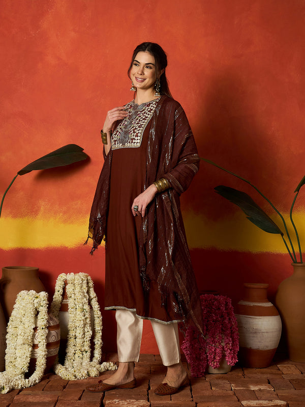 Stylum Women's Brown Solid & Embroidered Rayon A-Line Kurta With Dupatta (KDBROWNCRUST)