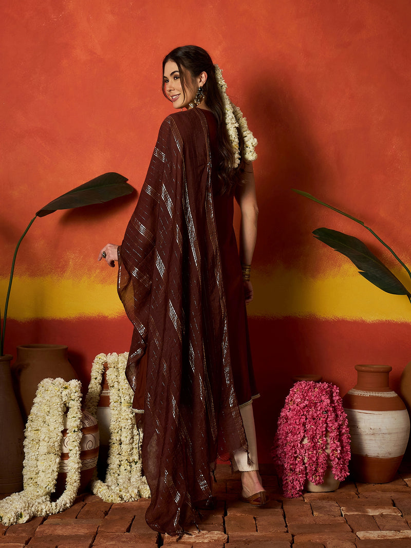 Stylum Women's Brown Solid & Embroidered Rayon A-Line Kurta With Dupatta (KDBROWNCRUST)