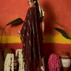 Stylum Women's Brown Solid & Embroidered Rayon A-Line Kurta With Dupatta (KDBROWNCRUST)