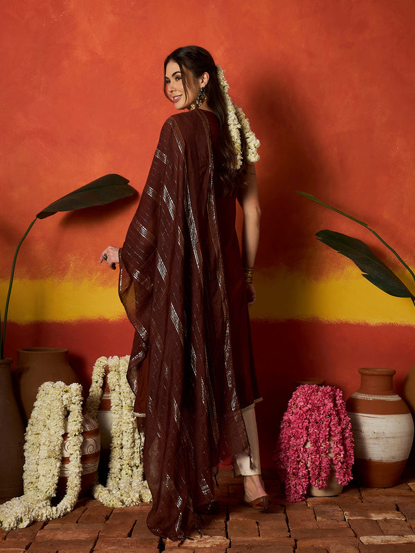 Stylum Women's Brown Solid & Embroidered Rayon A-Line Kurta With Dupatta (KDBROWNCRUST)