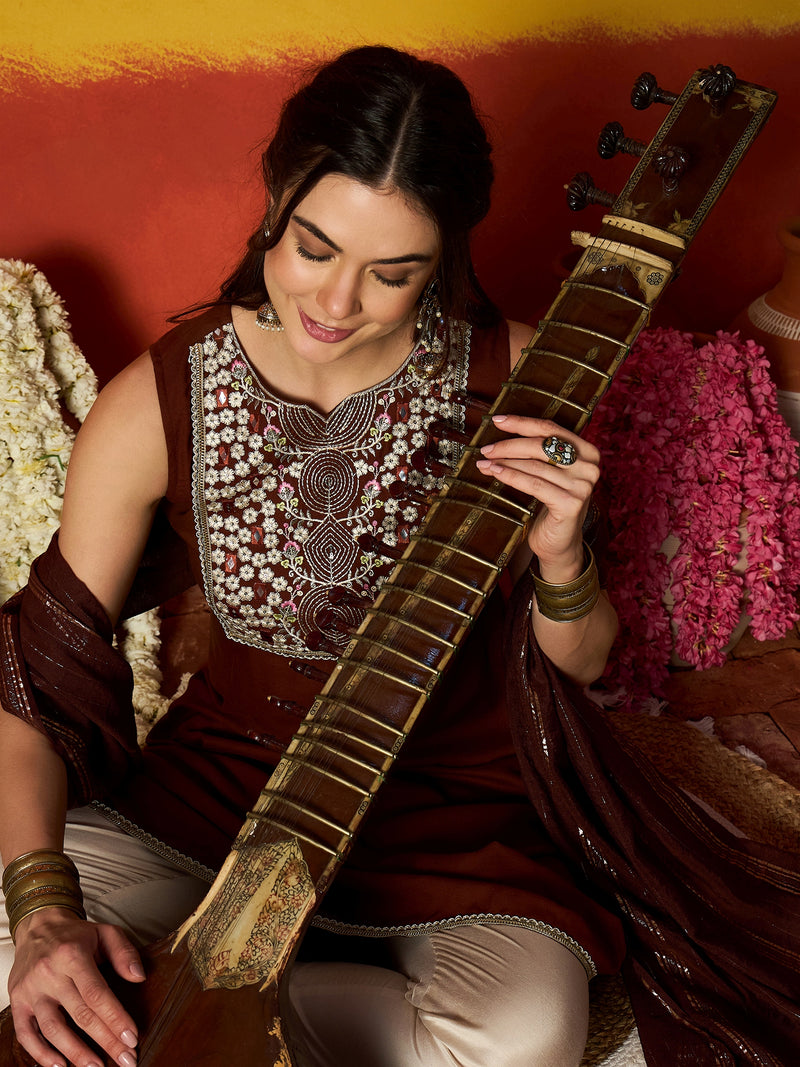 Stylum Women's Brown Solid & Embroidered Rayon A-Line Kurta With Dupatta (KDBROWNCRUST)