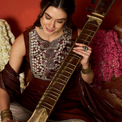 Stylum Women's Brown Solid & Embroidered Rayon A-Line Kurta With Dupatta (KDBROWNCRUST)